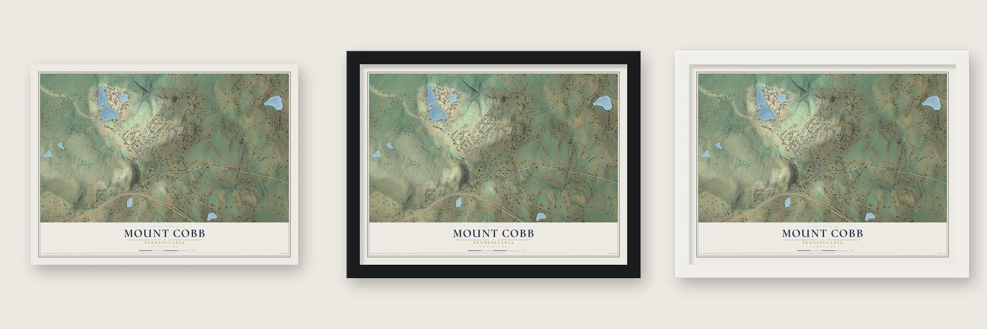 Mount Cobb, Pennsylvania map unframed, in a black wood frame and in a white wood frame