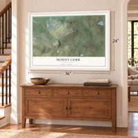 Mount Cobb, Pennsylvania map, 24 x 36 inch print in a white frame above a dresser by a staircase