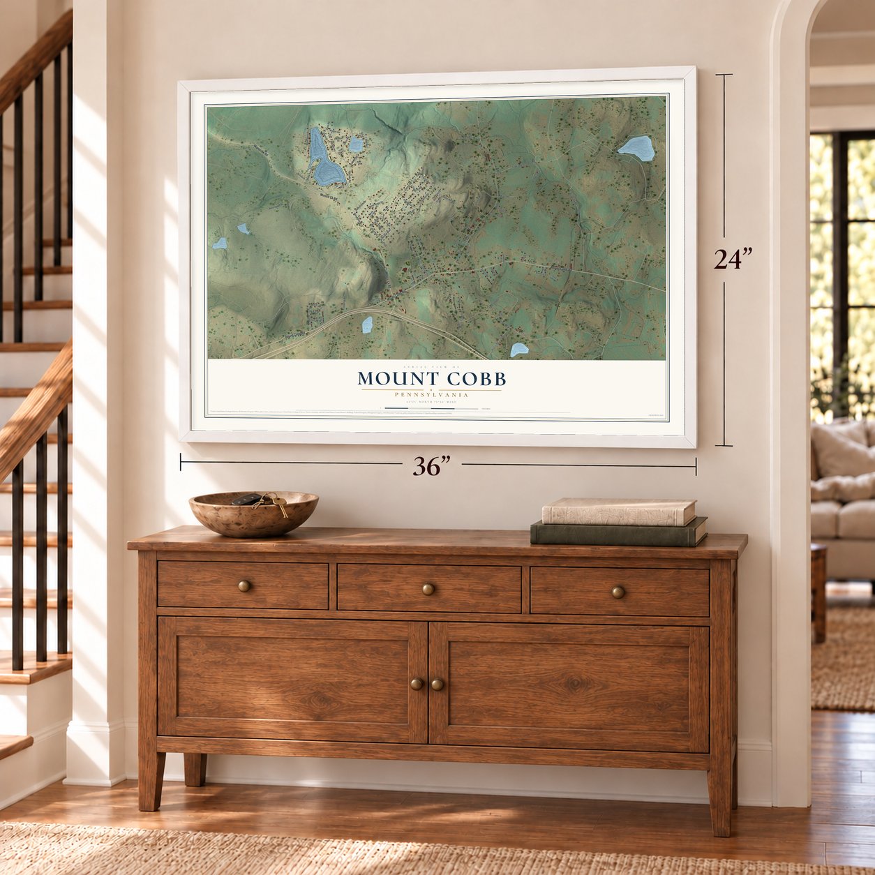 Mount Cobb, Pennsylvania map, 24 x 36 inch print in a white frame above a dresser by a staircase