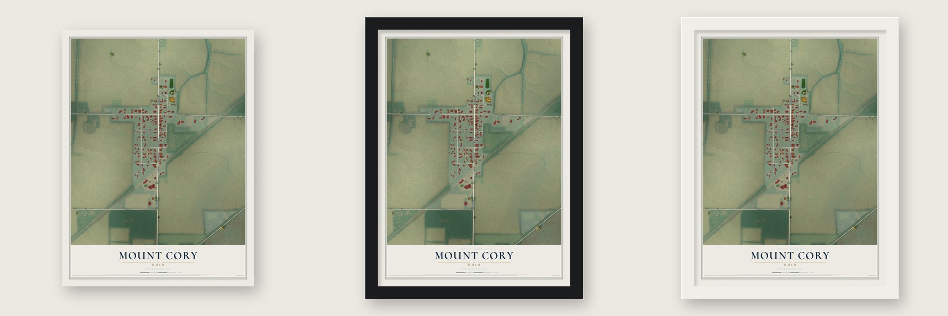 Mount Cory, Ohio map unframed, in a black wood frame and in a white wood frame