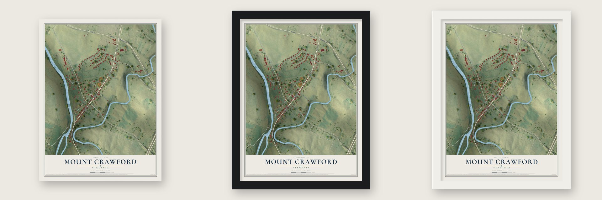 Mount Crawford, Virginia map unframed, in a black wood frame and in a white wood frame