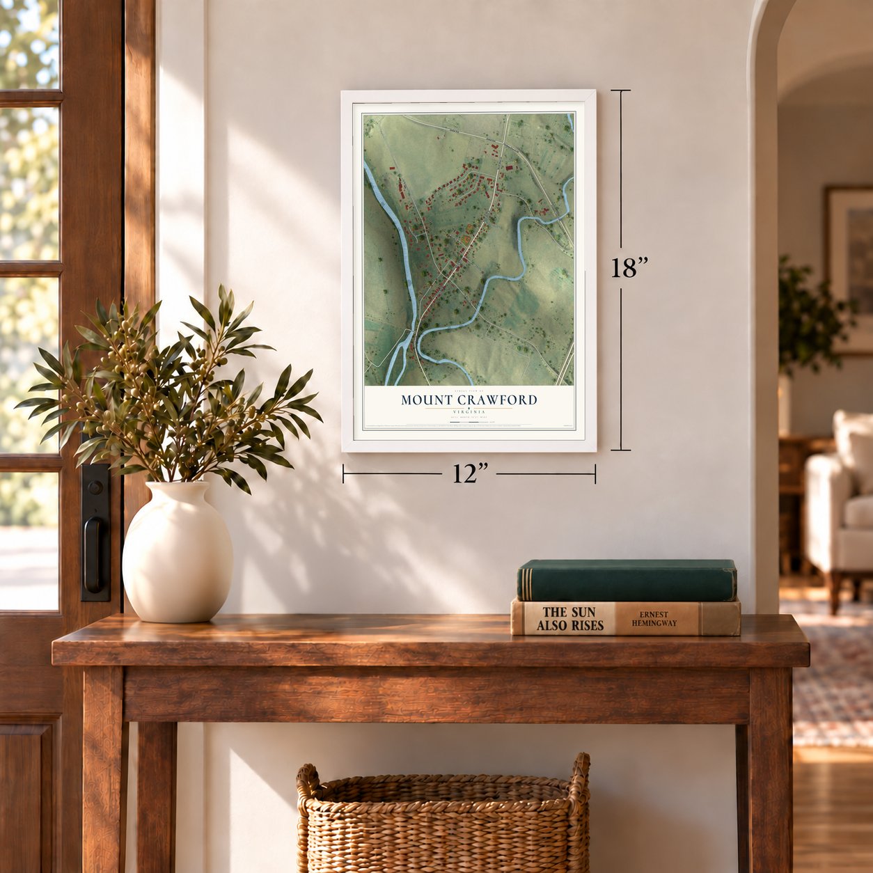 Mount Crawford, Virginia map, 12 x 18 inch print in a white frame in an entryway