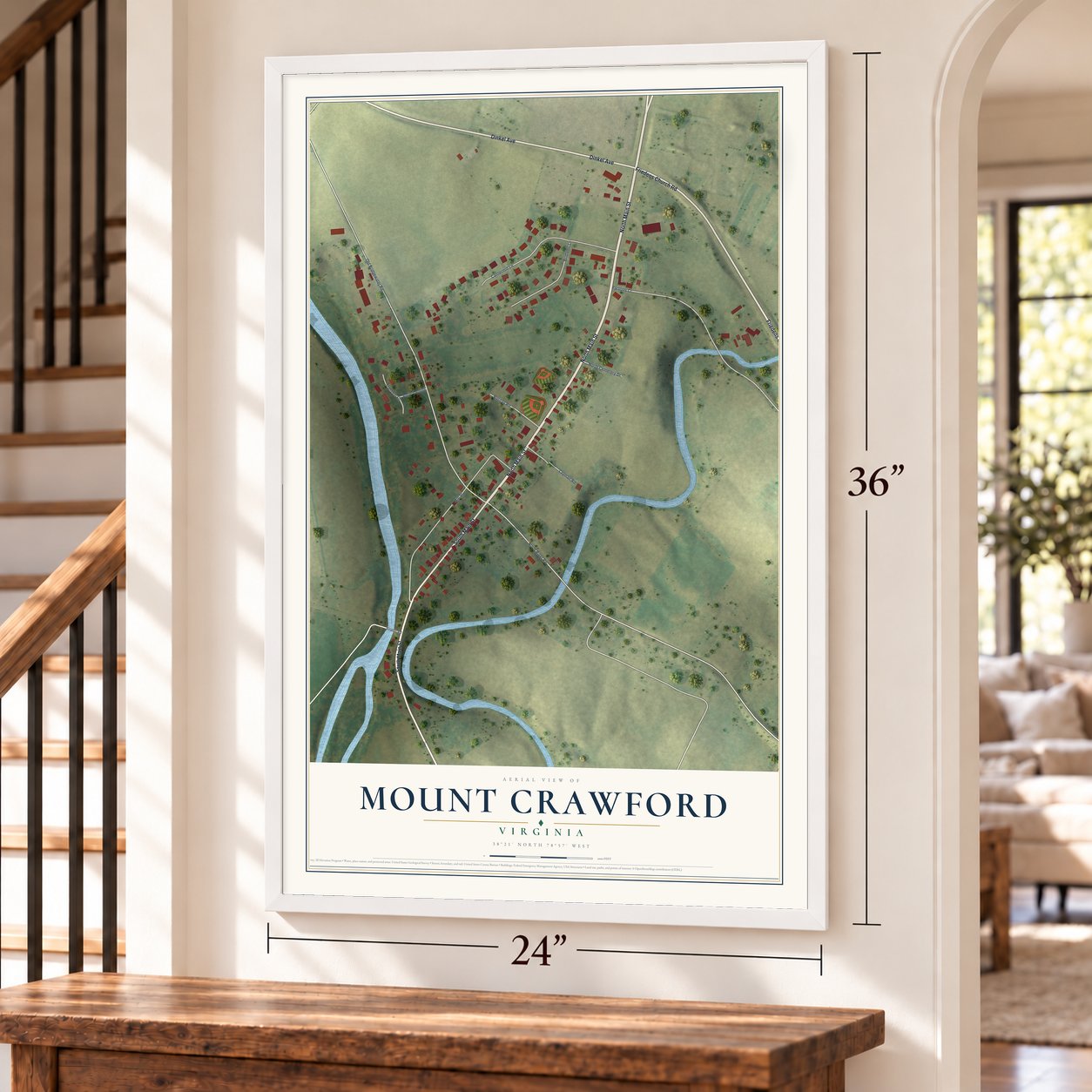 Mount Crawford, Virginia map, 24 x 36 inch print in a white frame by a staircase
