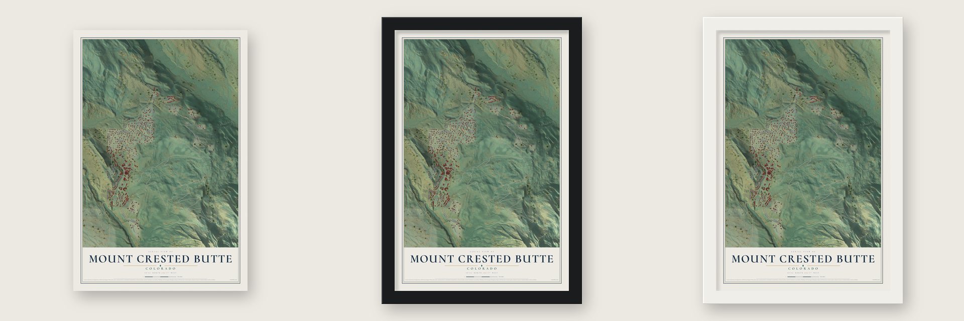 Mount Crested Butte, Colorado map unframed, in a black wood frame and in a white wood frame