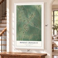 Mount Croghan, South Carolina map, 24 x 36 inch print in a white frame by a staircase