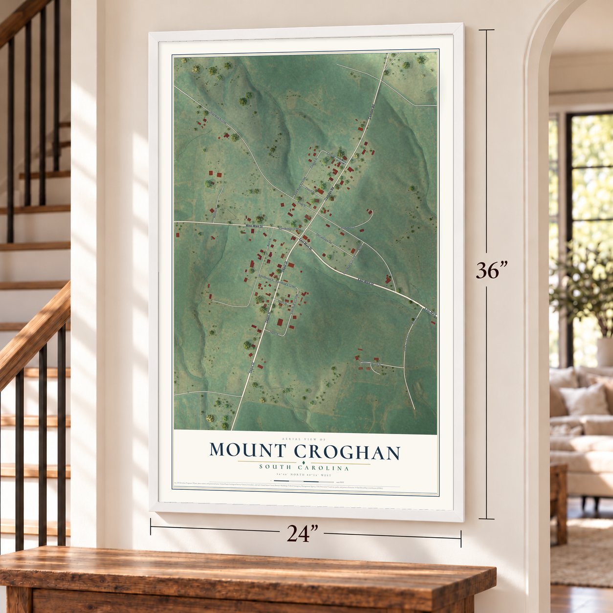 Mount Croghan, South Carolina map, 24 x 36 inch print in a white frame by a staircase