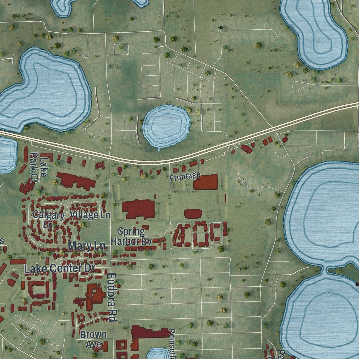 Second close-up of the map of Mount Dora, Florida print showing more streets and buildings