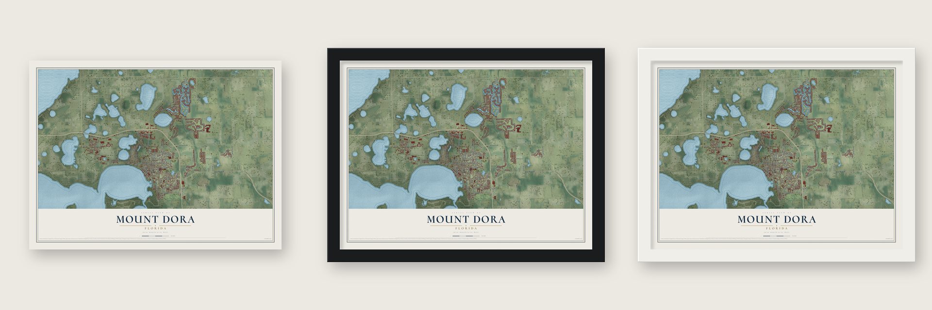 Mount Dora, Florida map unframed, in a black wood frame and in a white wood frame