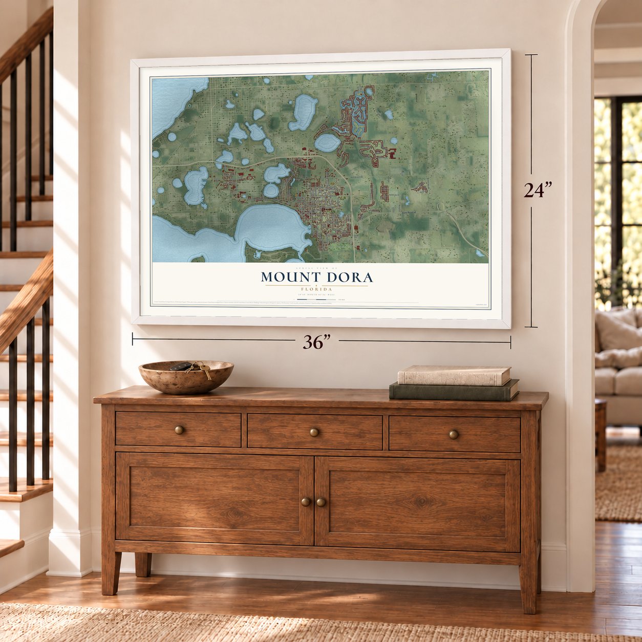 Mount Dora, Florida map, 24 x 36 inch print in a white frame above a dresser by a staircase