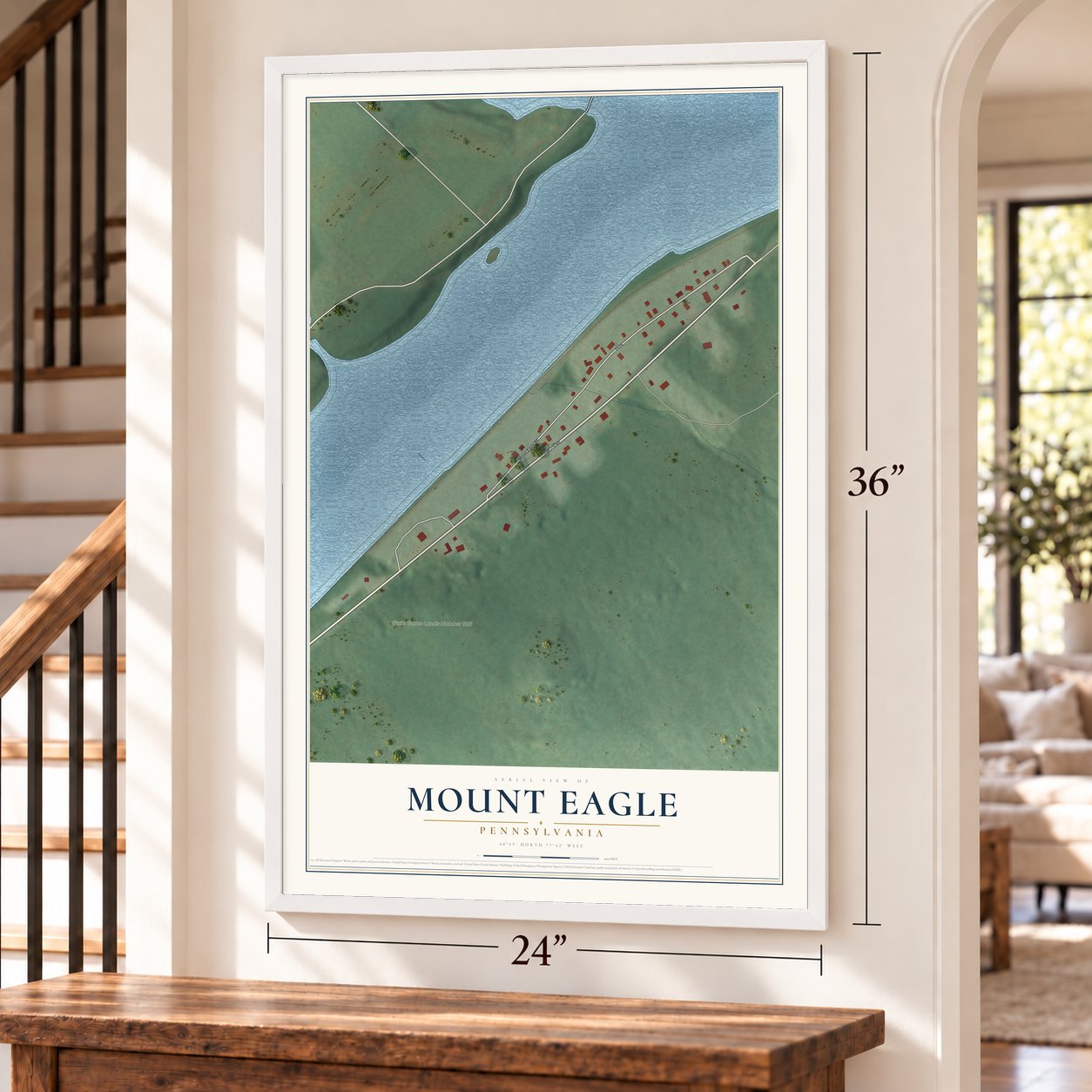 Mount Eagle, Pennsylvania map, 24 x 36 inch print in a white frame by a staircase