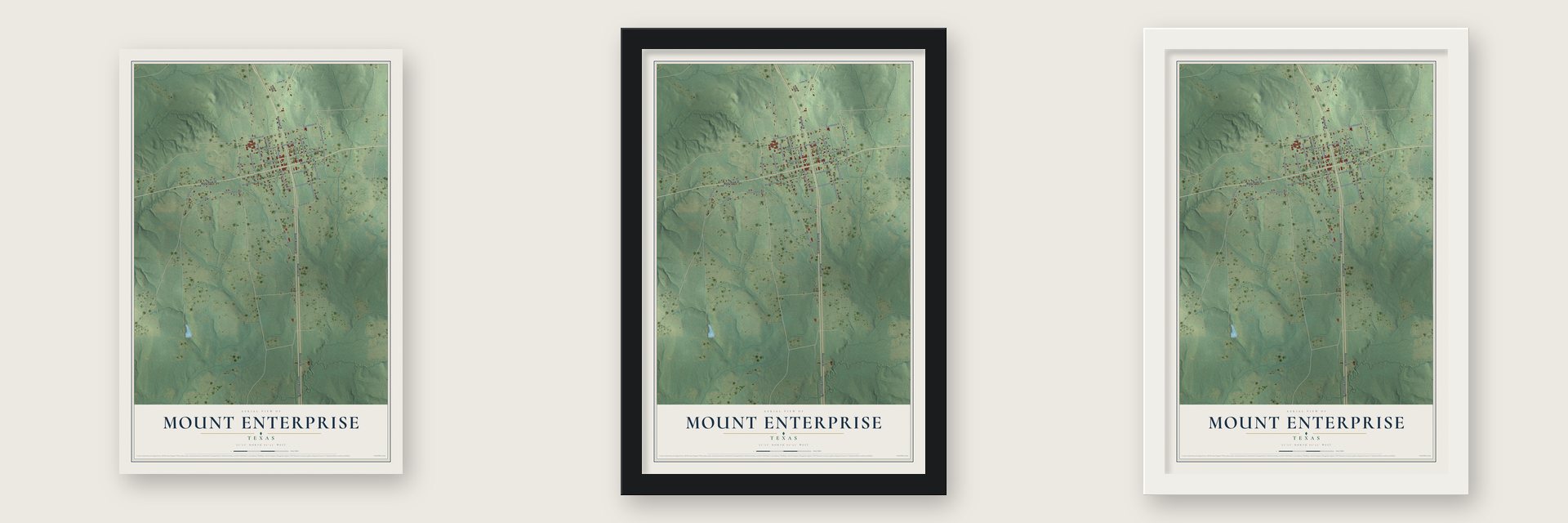Mount Enterprise, Texas map unframed, in a black wood frame and in a white wood frame