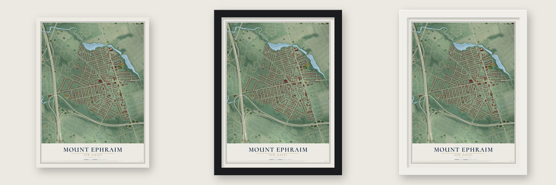 Mount Ephraim, New Jersey map unframed, in a black wood frame and in a white wood frame