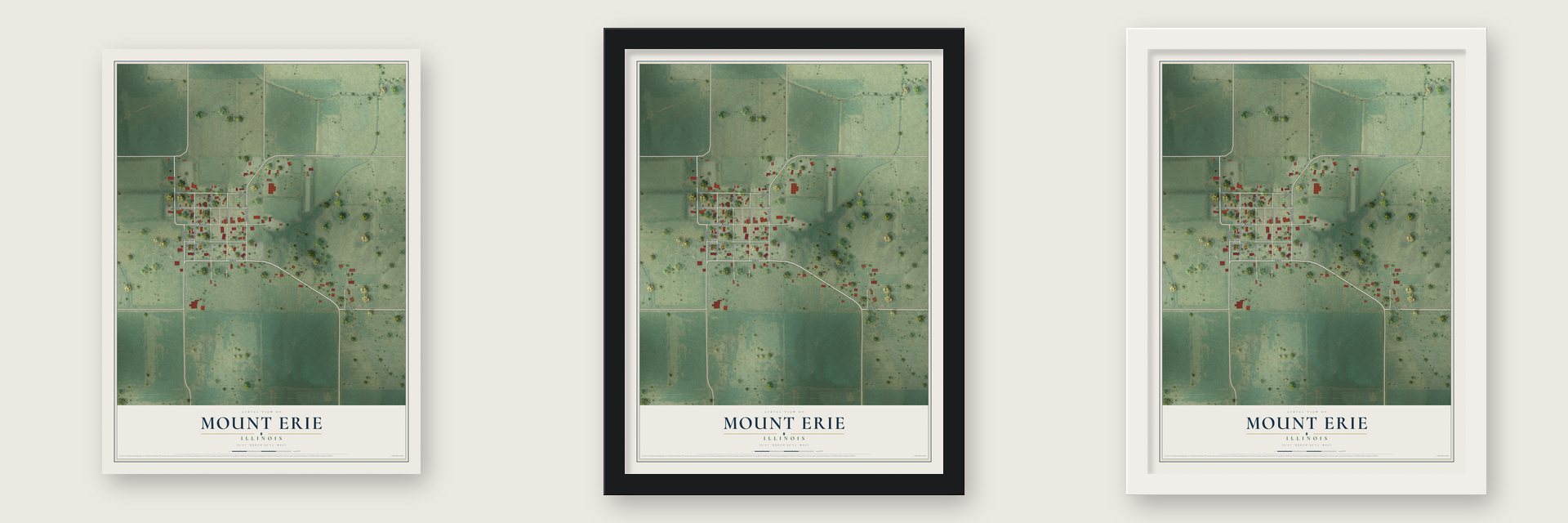 Mount Erie, Illinois map unframed, in a black wood frame and in a white wood frame