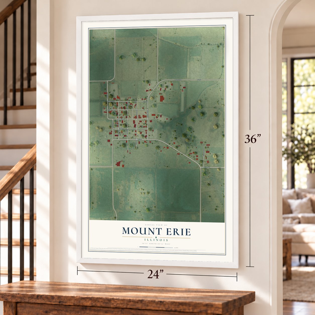 Mount Erie, Illinois map, 24 x 36 inch print in a white frame by a staircase