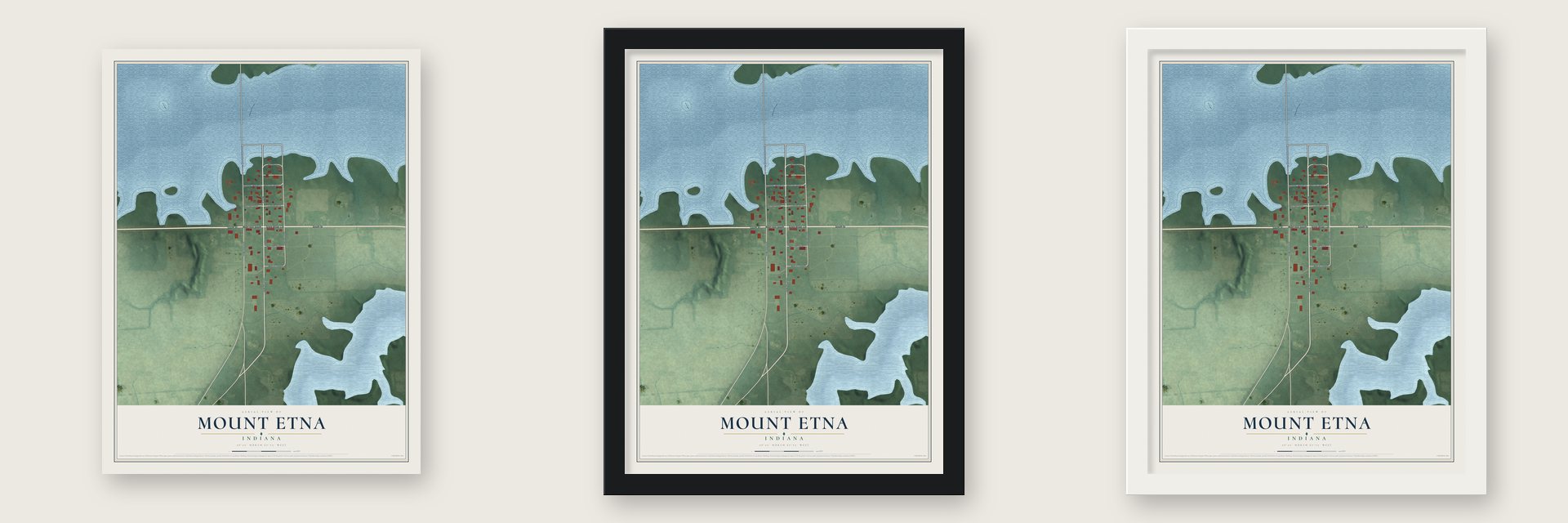 Mount Etna, Indiana map unframed, in a black wood frame and in a white wood frame