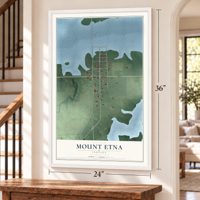 Mount Etna, Indiana map, 24 x 36 inch print in a white frame by a staircase