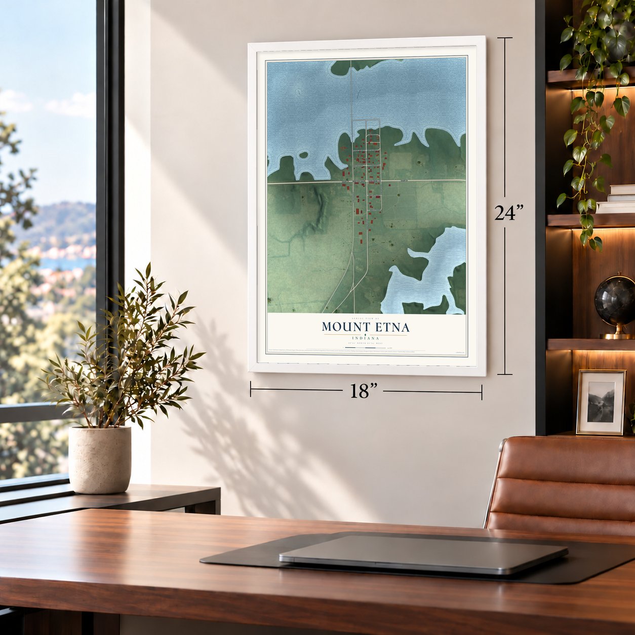 Mount Etna, Indiana map, 18 x 24 inch print in a white frame in a home office