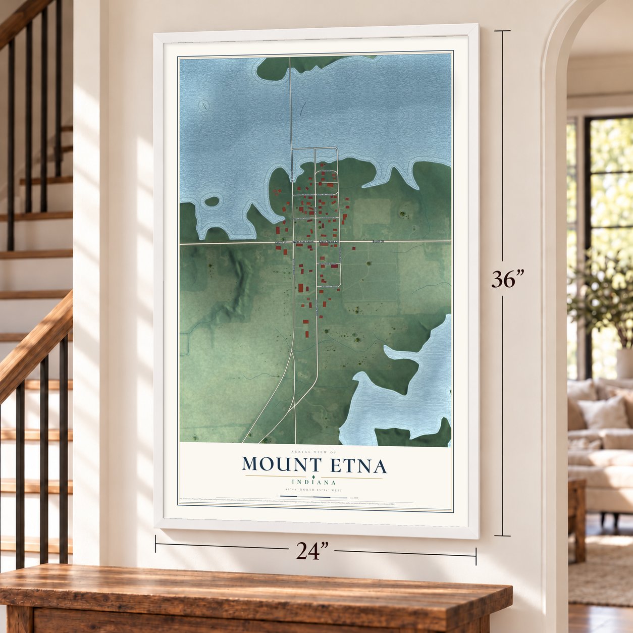 Mount Etna, Indiana map, 24 x 36 inch print in a white frame by a staircase