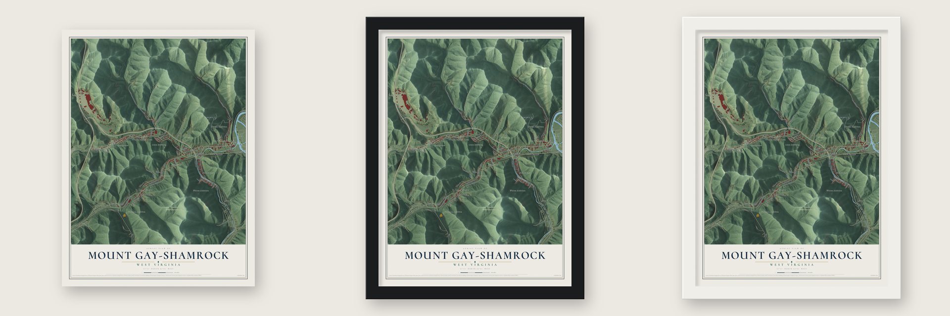 Mount Gay-Shamrock, West Virginia map unframed, in a black wood frame and in a white wood frame