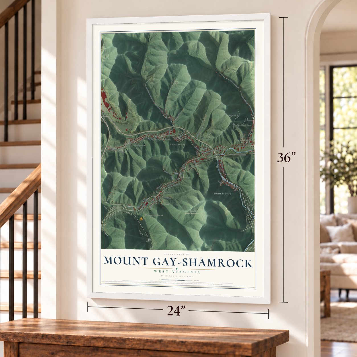 Mount Gay-Shamrock, West Virginia map, 24 x 36 inch print in a white frame by a staircase