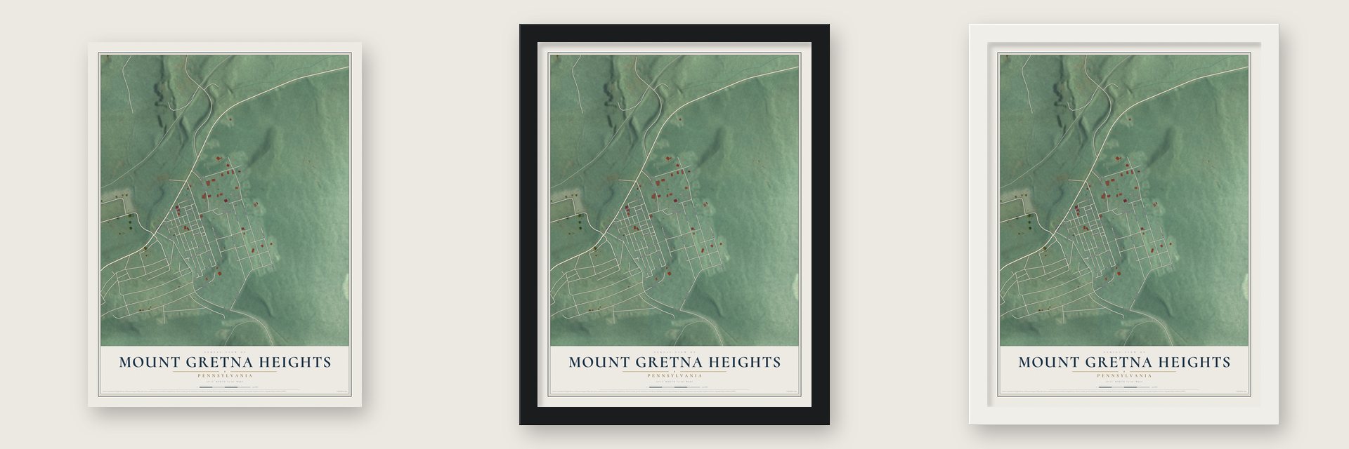 Mount Gretna Heights, Pennsylvania map unframed, in a black wood frame and in a white wood frame