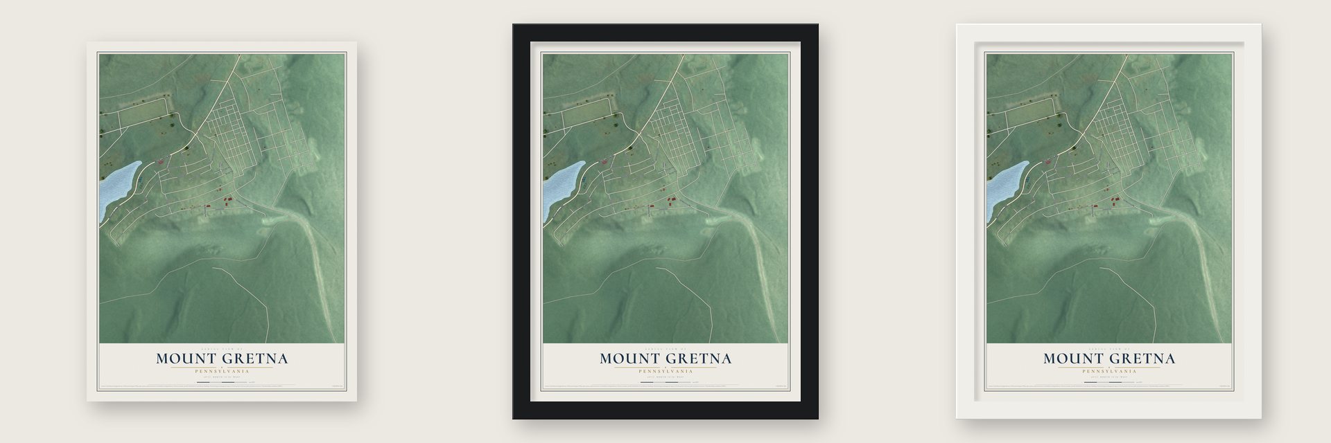 Mount Gretna, Pennsylvania map unframed, in a black wood frame and in a white wood frame