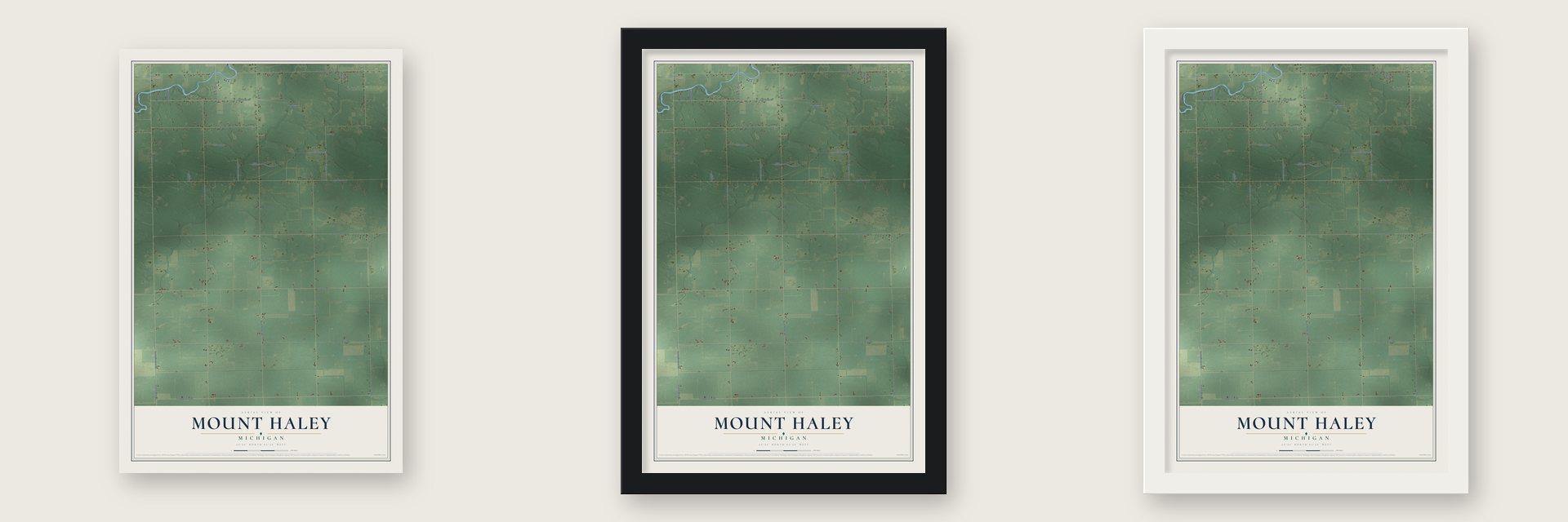 Mount Haley, Michigan map unframed, in a black wood frame and in a white wood frame