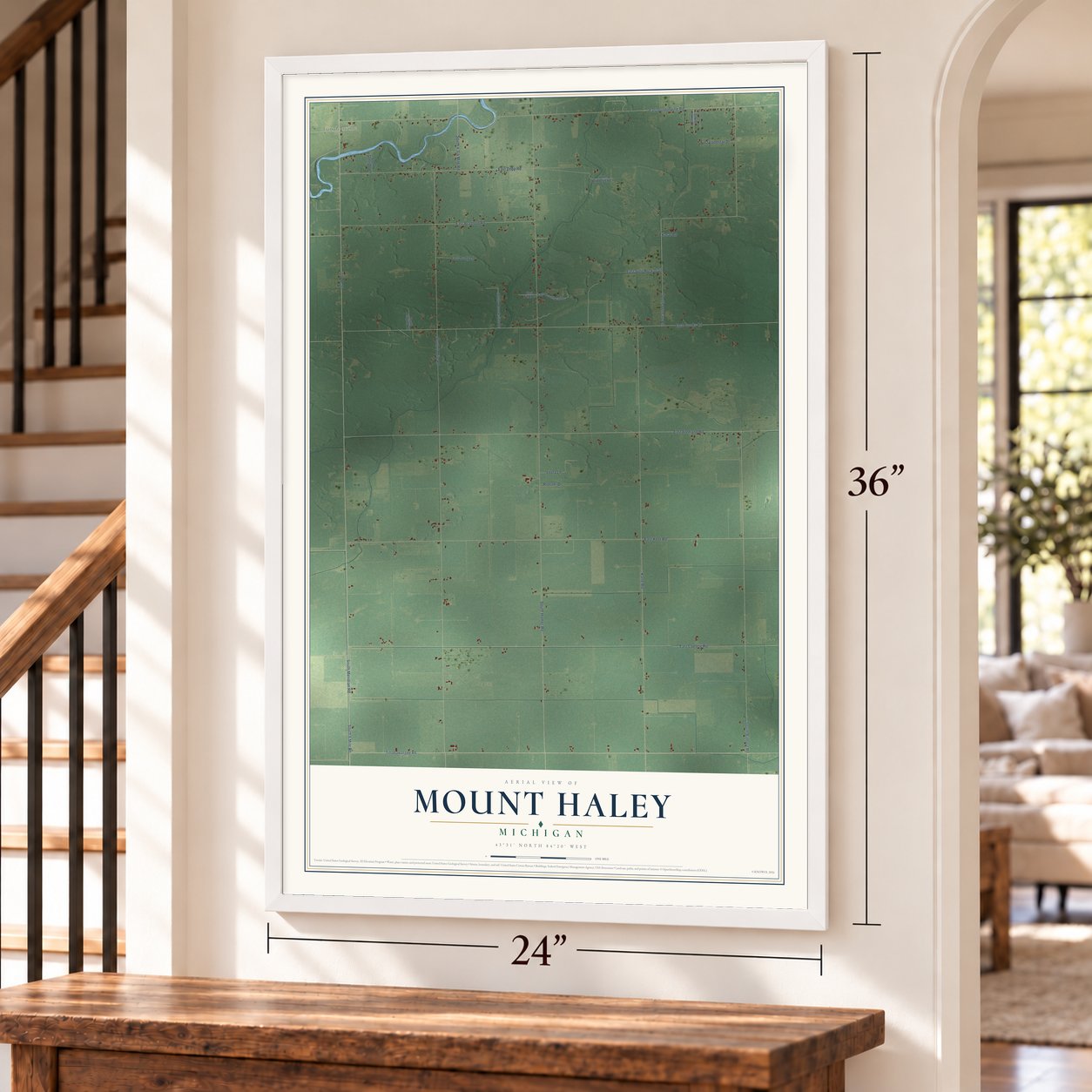 Mount Haley, Michigan map, 24 x 36 inch print in a white frame by a staircase