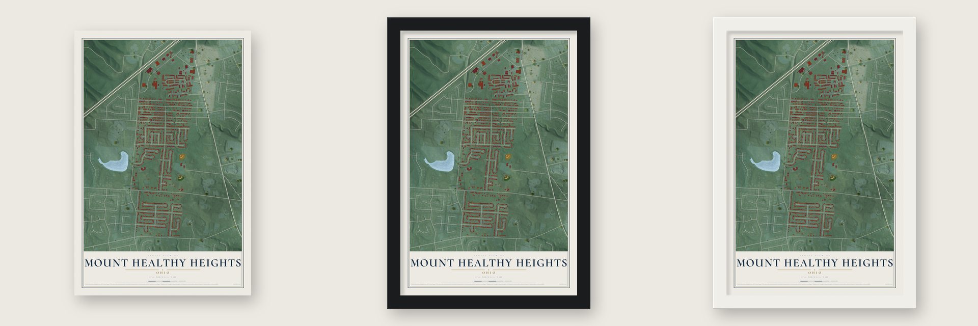 Mount Healthy Heights, Ohio map unframed, in a black wood frame and in a white wood frame