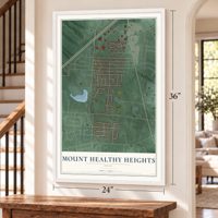 Mount Healthy Heights, Ohio map, 24 x 36 inch print in a white frame by a staircase