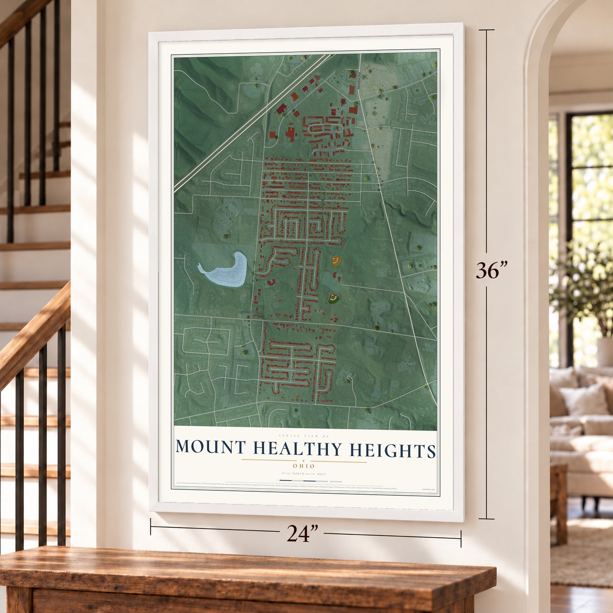 Mount Healthy Heights, Ohio map, 24 x 36 inch print in a white frame by a staircase