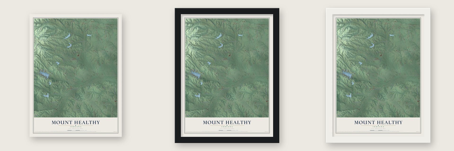Mount Healthy, Indiana map unframed, in a black wood frame and in a white wood frame