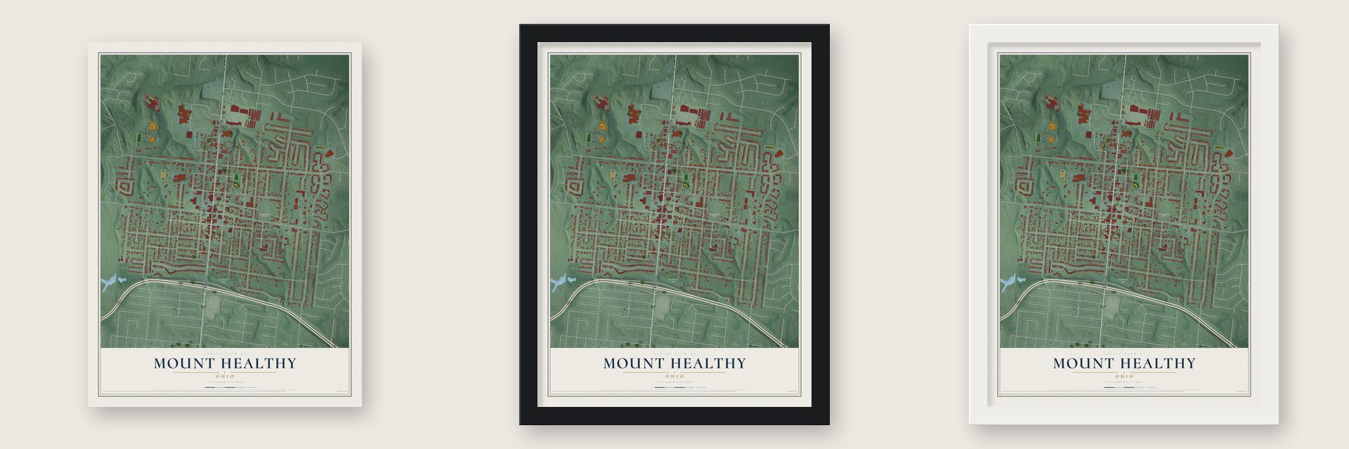 Mount Healthy, Ohio map unframed, in a black wood frame and in a white wood frame