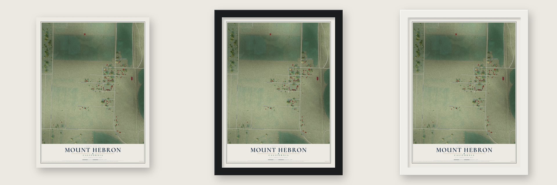 Mount Hebron, California map unframed, in a black wood frame and in a white wood frame