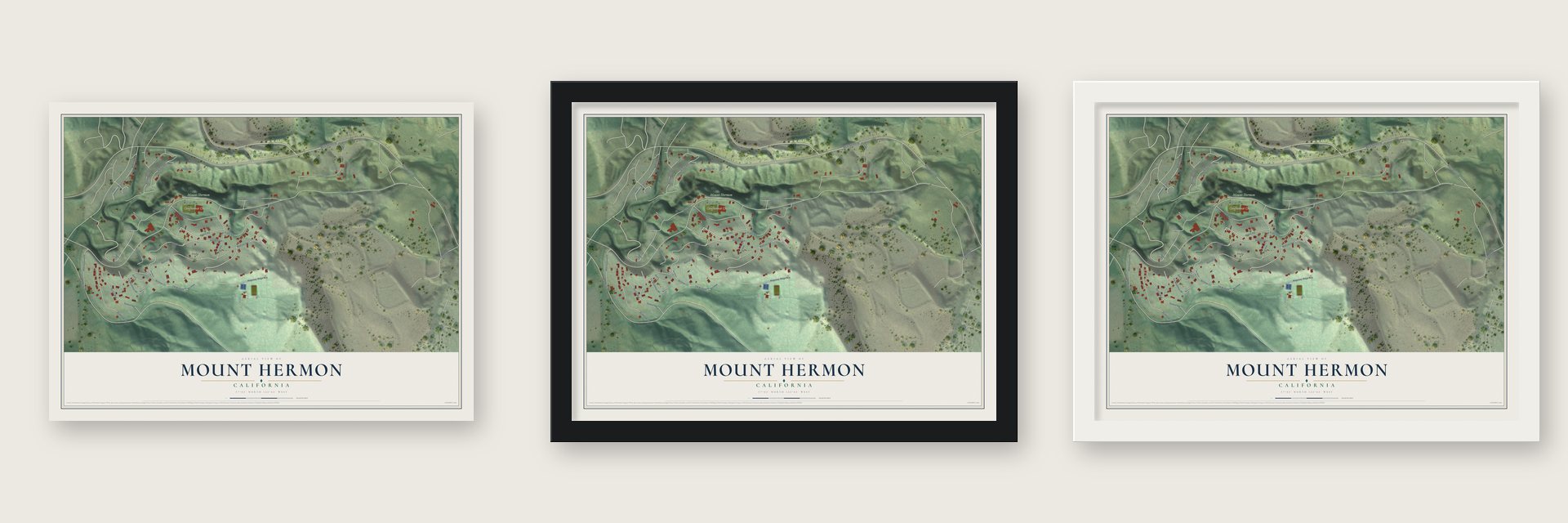 Mount Hermon, California map unframed, in a black wood frame and in a white wood frame
