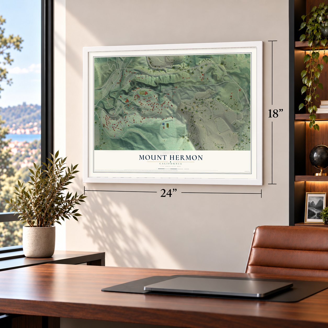 Mount Hermon, California map, 18 x 24 inch print in a white frame in a home office