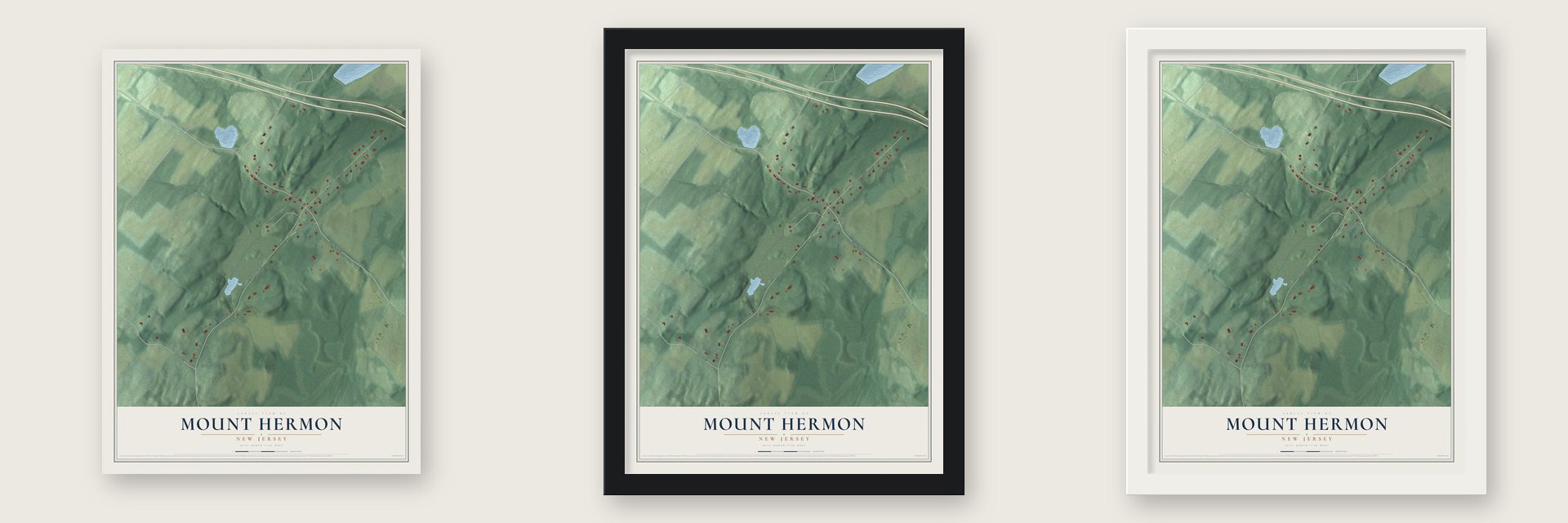 Mount Hermon, New Jersey map unframed, in a black wood frame and in a white wood frame