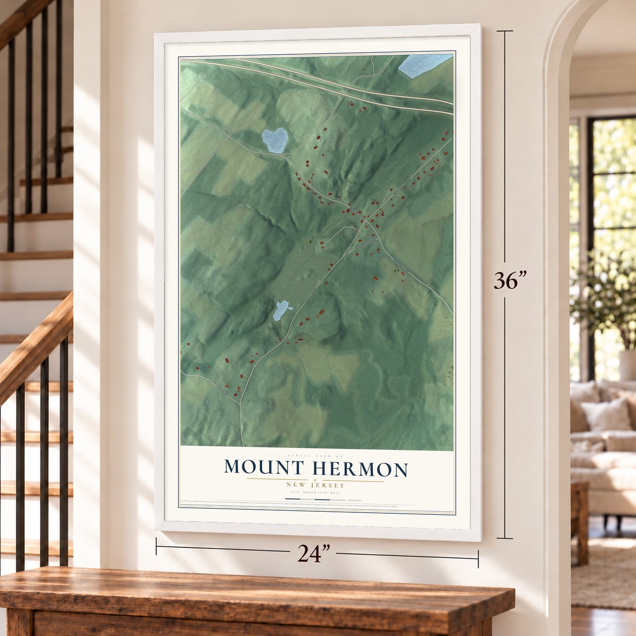 Mount Hermon, New Jersey map, 24 x 36 inch print in a white frame by a staircase