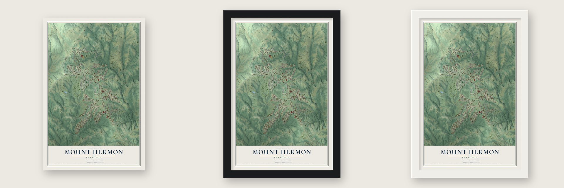 Mount Hermon, Virginia map unframed, in a black wood frame and in a white wood frame