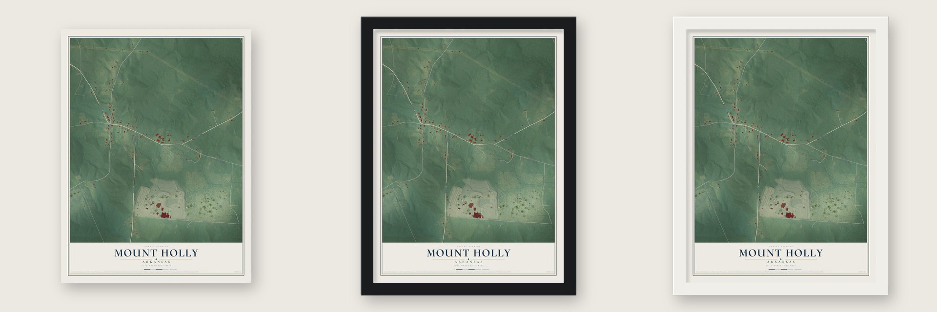 Mount Holly, Arkansas map unframed, in a black wood frame and in a white wood frame
