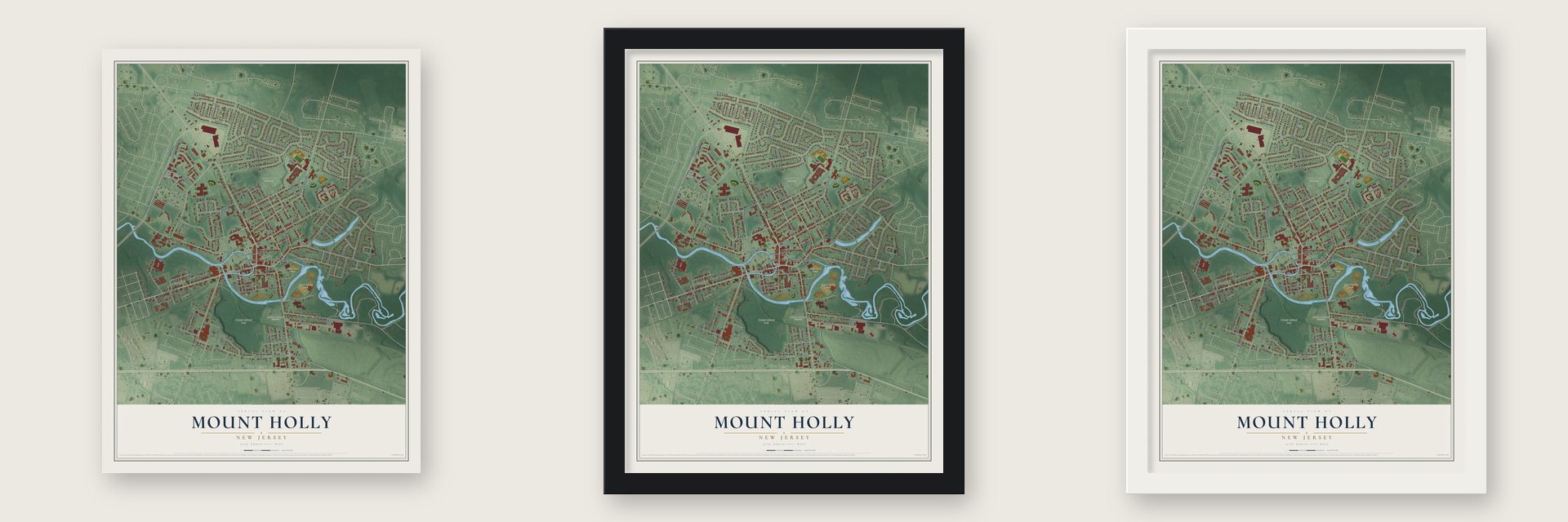 Mount Holly, New Jersey map unframed, in a black wood frame and in a white wood frame