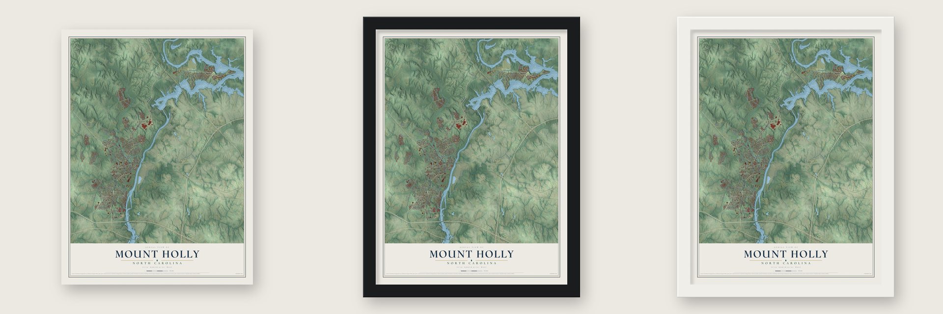 Mount Holly, North Carolina map unframed, in a black wood frame and in a white wood frame