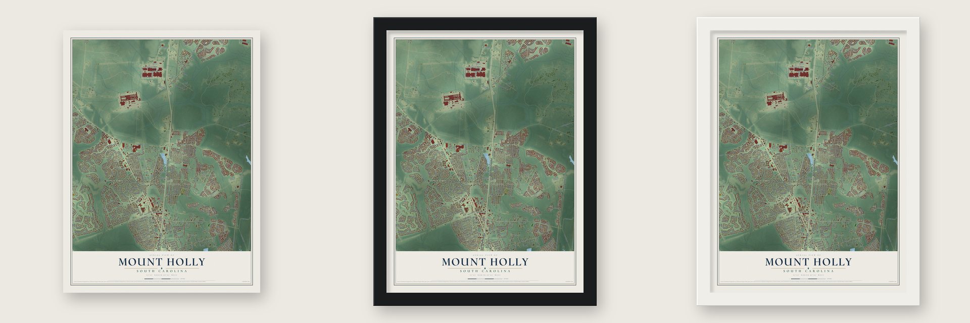 Mount Holly, South Carolina map unframed, in a black wood frame and in a white wood frame