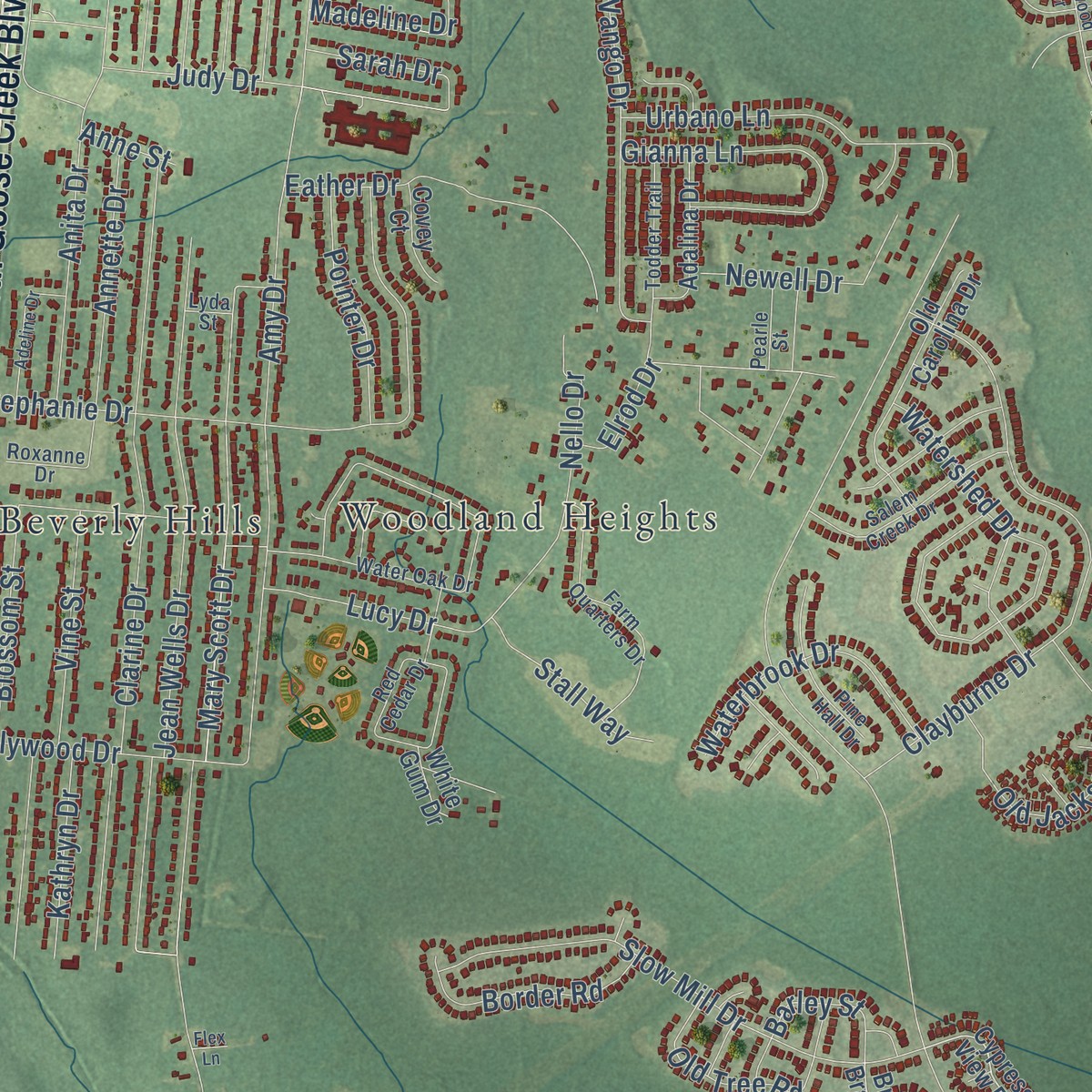 Second close-up of the map of Mount Holly, South Carolina print showing more streets and buildings