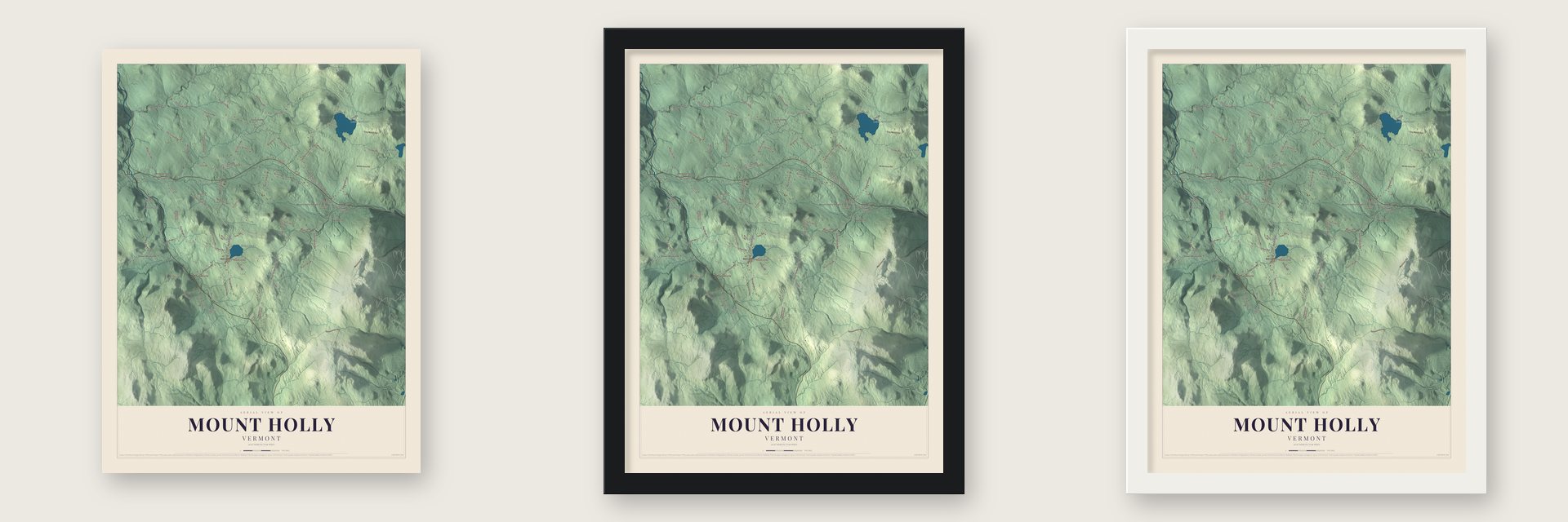 Mount Holly, Vermont map unframed, in a black wood frame and in a white wood frame