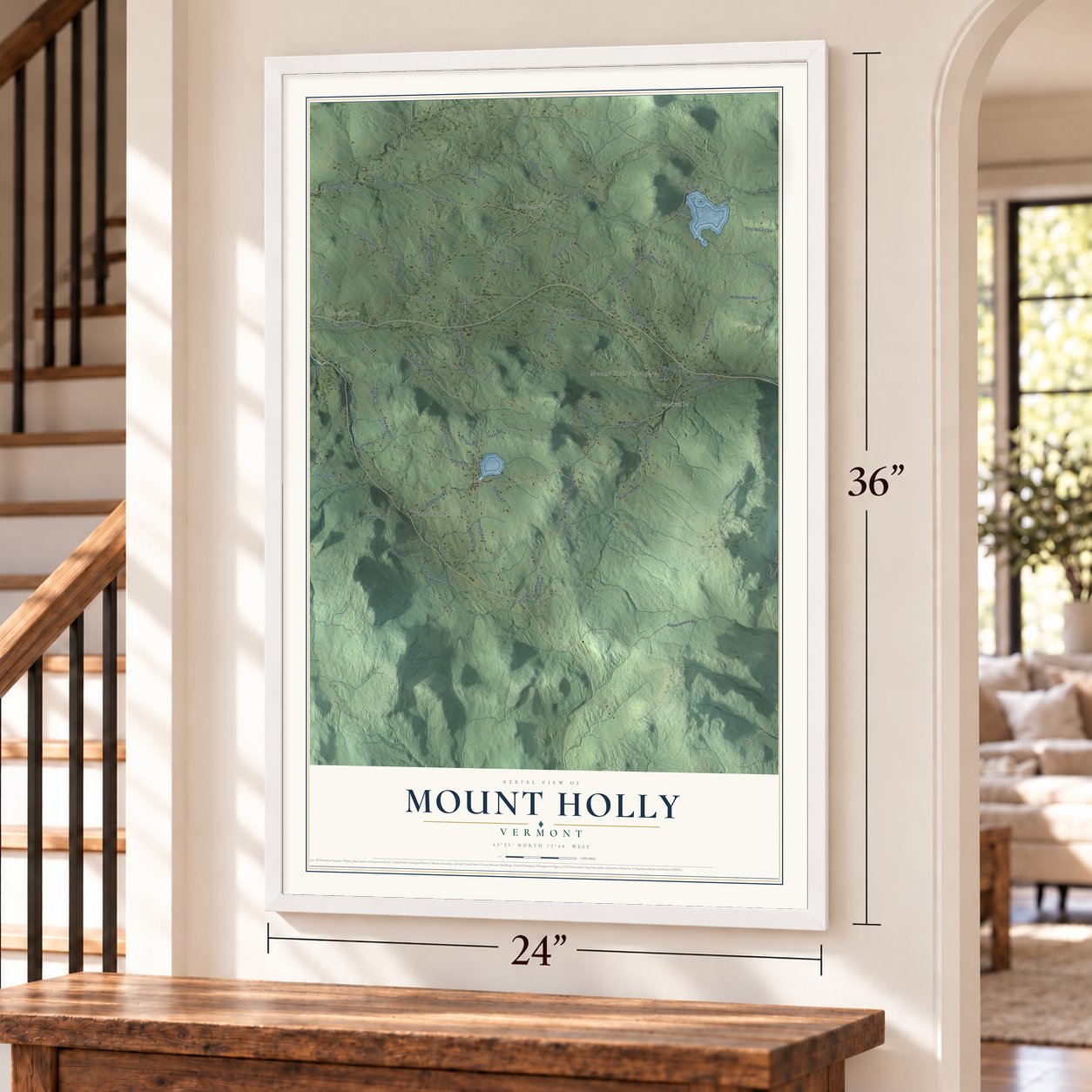 Mount Holly, Vermont map, 24 x 36 inch print in a white frame by a staircase