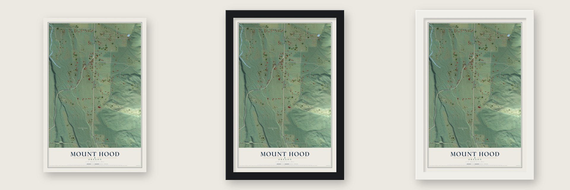 Mount Hood, Oregon map unframed, in a black wood frame and in a white wood frame