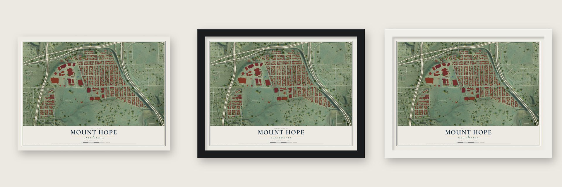 Mount Hope, California map unframed, in a black wood frame and in a white wood frame