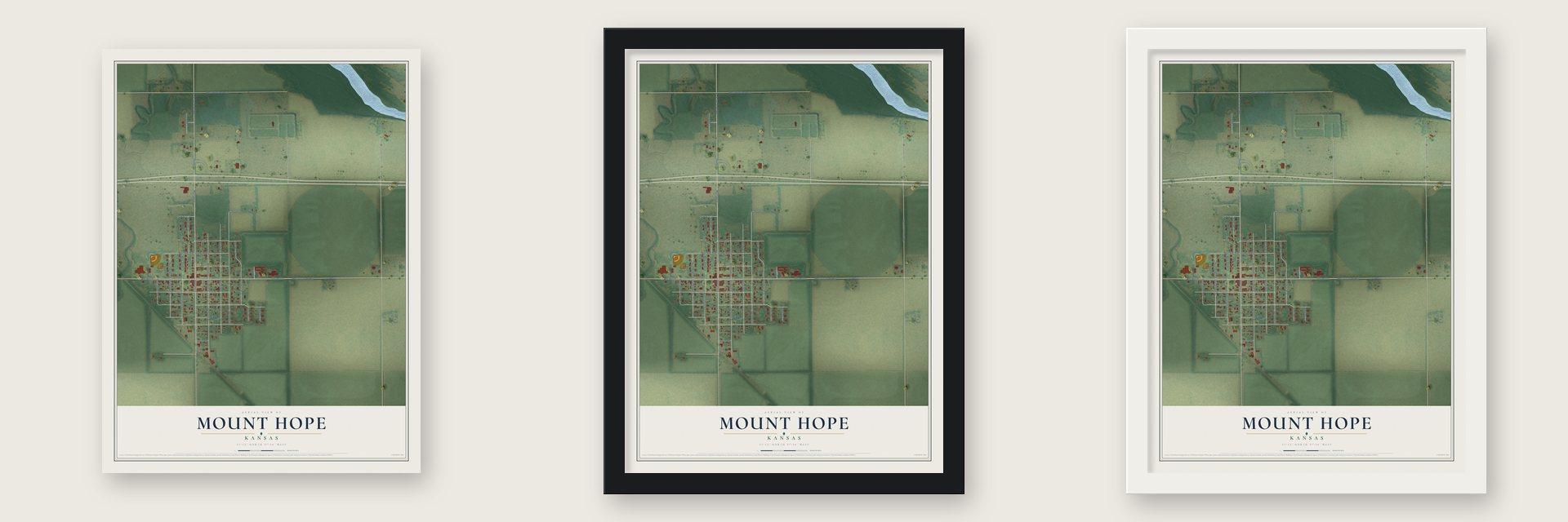Mount Hope, Kansas map unframed, in a black wood frame and in a white wood frame