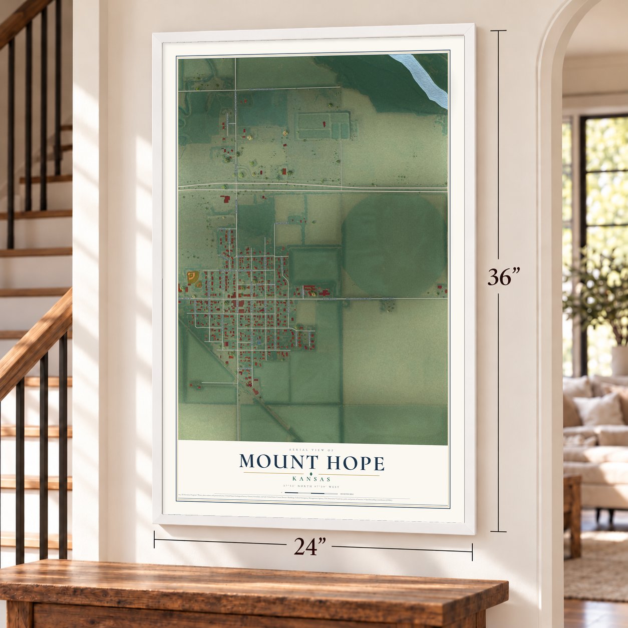 Mount Hope, Kansas map, 24 x 36 inch print in a white frame by a staircase